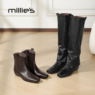 靴复古骑士靴不过膝 时装 millies妙丽两穿长靴女靴子2025冬季 新款