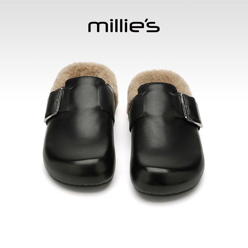 millies妙丽女鞋2025秋冬新款日系软底加绒大头鞋厚底半拖勃肯鞋