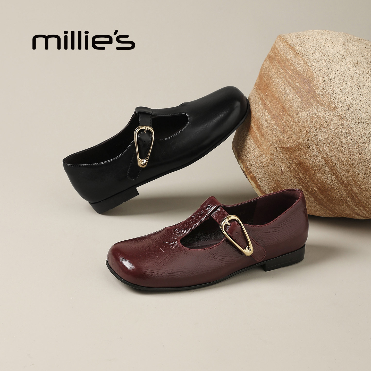 MILLIE'S/妙丽真皮酒红色玛丽珍鞋女新款T字带浅口jk单鞋一脚蹬