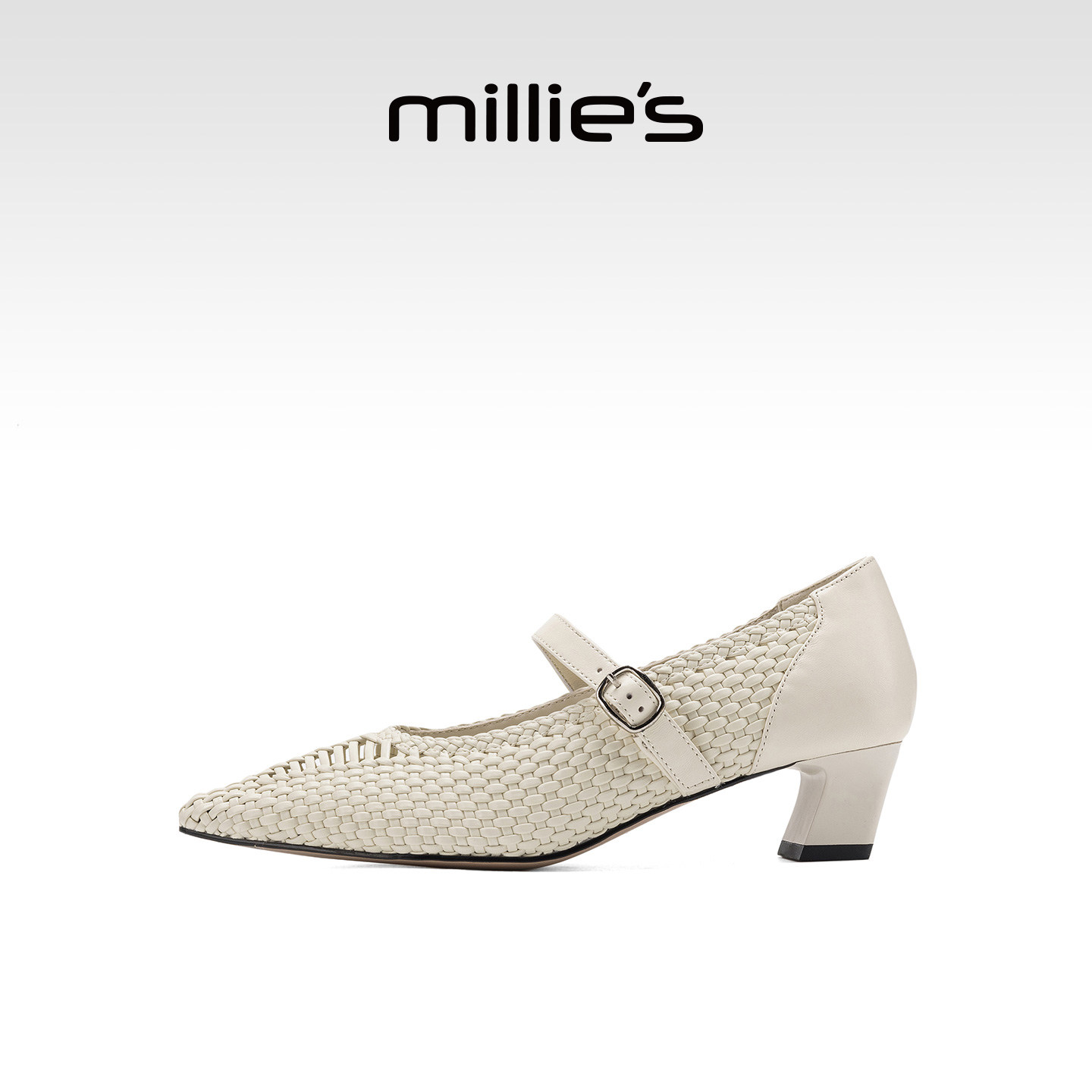 MILLIE'S/妙丽手工编织玛丽珍鞋女款米白色尖头中跟单鞋夏季新款