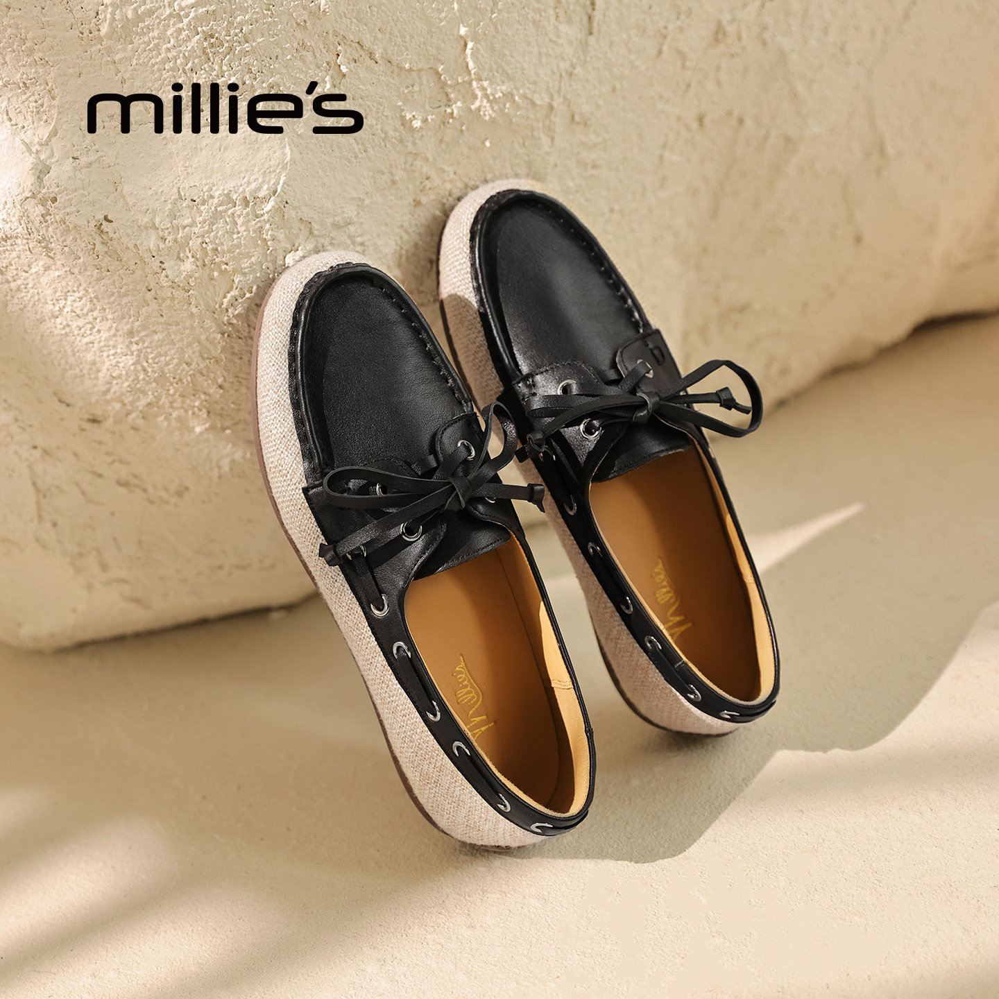 MILLIE'S/妙丽真皮小众设计女款乐福鞋系带休闲单鞋2026春季新款