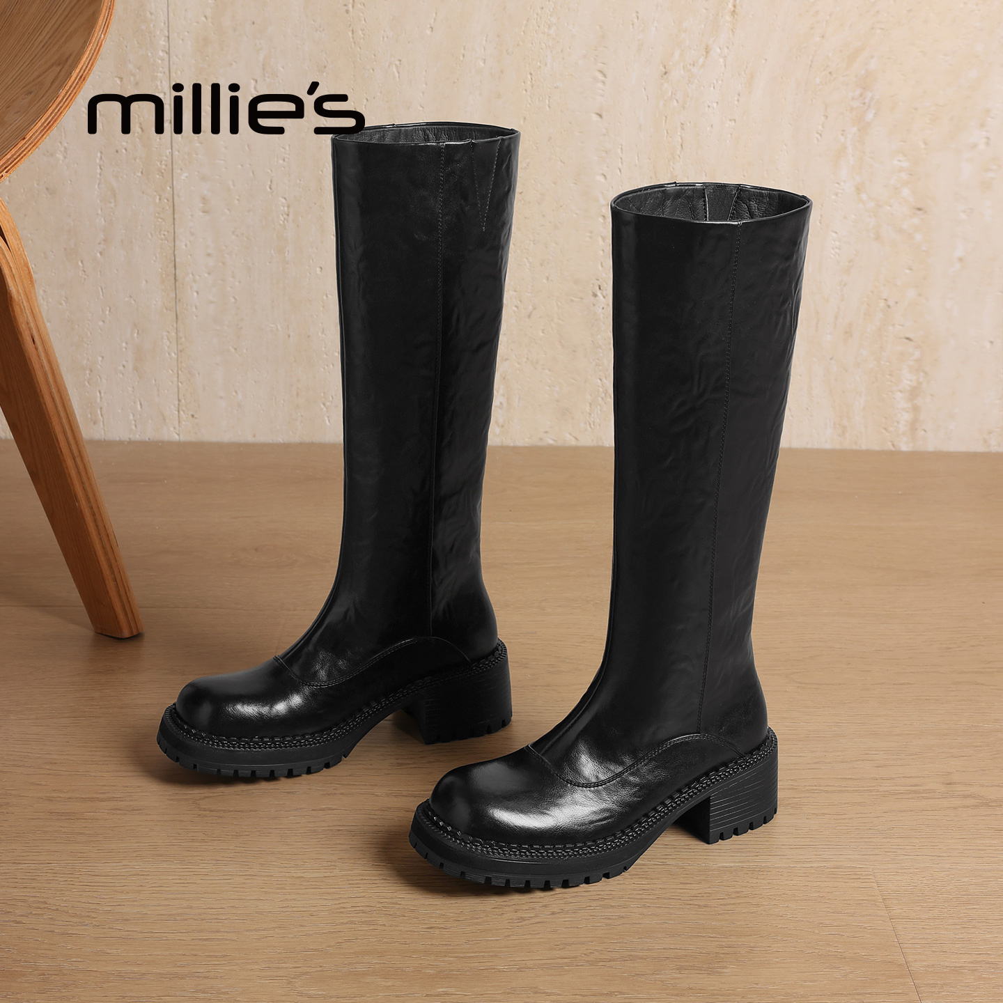 millies妙丽真皮加绒高跟骑士靴