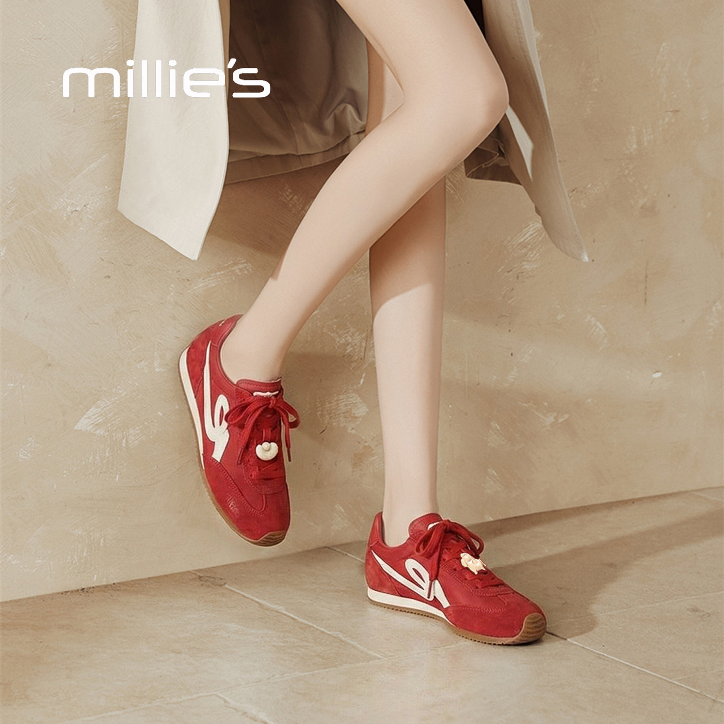 MILLIE'S/妙丽红运小马鞋潮流复古德训鞋女鞋2026春季新款阿甘鞋