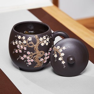 宜兴正宗紫砂杯变色梅花盖杯大容量泡茶杯子个人功夫茶具家用