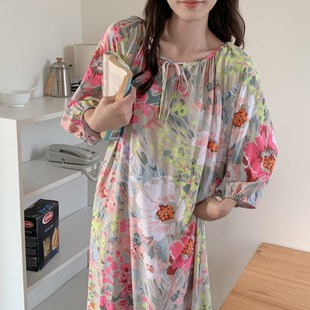 绵绸休闲家居服连衣裙 宽松妈妈短袖 夏季 中年女棉绸睡裙加肥大码