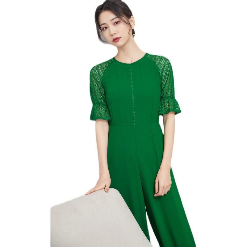 清新蕾丝拼接垂感雪纺连体裤修身高腰直 中袖女夏洋气时尚阔腿裤