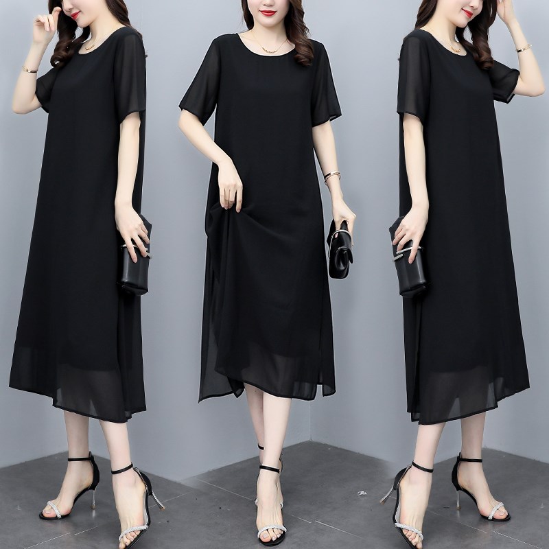 2024新款宽松显瘦大码妈妈装黑色雪纺裙中长款时尚洋气连衣裙女夏