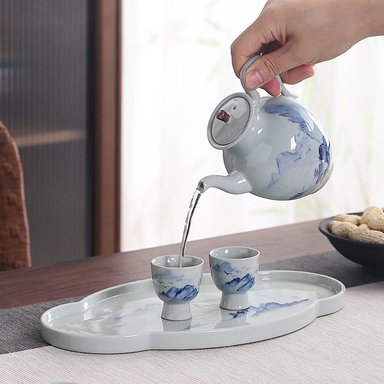 直销陶瓷中式仿古草木灰手绘酒具酒杯带托盘套装家用白酒分酒器商