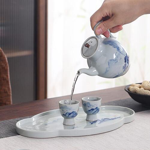 直销陶瓷中式仿古草木灰手绘酒具酒杯带托盘套装家用白酒分酒器商
