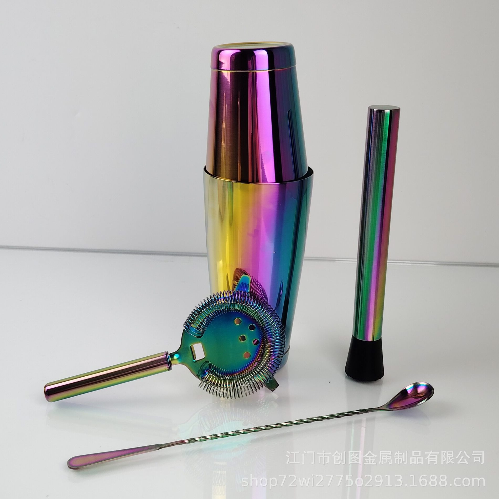 直销厂家直销酒吧工具鸡尾酒套件不锈钢炫彩调酒器酒具套装波士顿