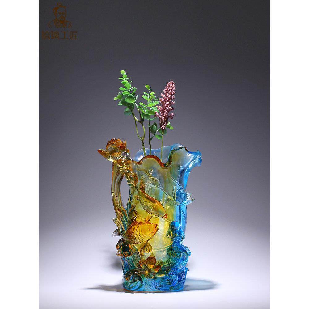 琉璃荷花锦鲤鱼图花瓶摆件水晶工艺品客厅玄关玻璃装饰高级感小众,家居饰品,装饰摆件,淘宝优惠券,粉丝福利购,淘宝优惠卷