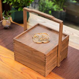 黑胡桃实木提盒便携茶盒食盒木质收纳盒新中式手提盒多层茶道摆件