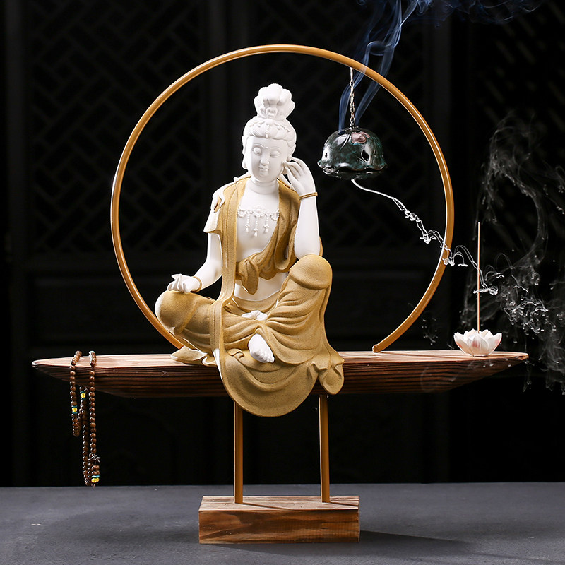 中式禅意观音菩萨佛像摆件创意倒流香炉家用室内玄关客厅装饰摆设