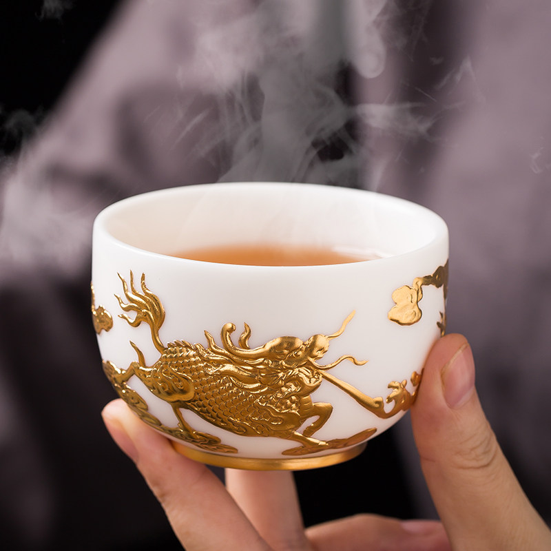 墨染留香林玉山高端羊脂玉白瓷手工黄金茶盏主人杯单个人品茗茶杯