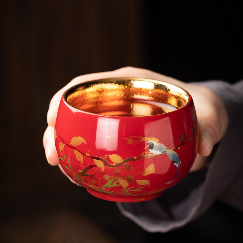 墨染留香大漆漆器手工制作手绘主人杯24K金叶菩提高端茶杯金茶盏