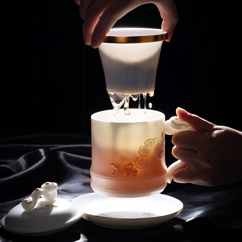 墨染留香德化白瓷高档老板茶杯带盖过滤羊脂玉瓷办公杯陶瓷泡茶杯