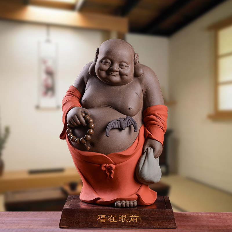 墨染留香张明贵大师招财纳福弥勒佛紫砂陶瓷大号摆件大肚弥勒笑佛