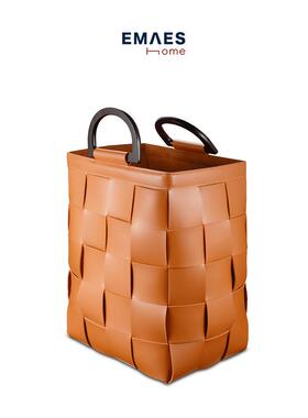 EMAES 皮质脏衣服收纳筐手工编织脏衣篓高颜值轻奢高级感收纳篮筐