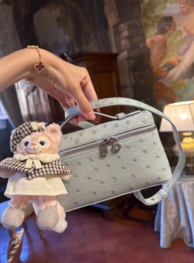lp19饭盒包鸵鸟纹真皮手提盒子包女小方包高级感单肩斜挎化妆包