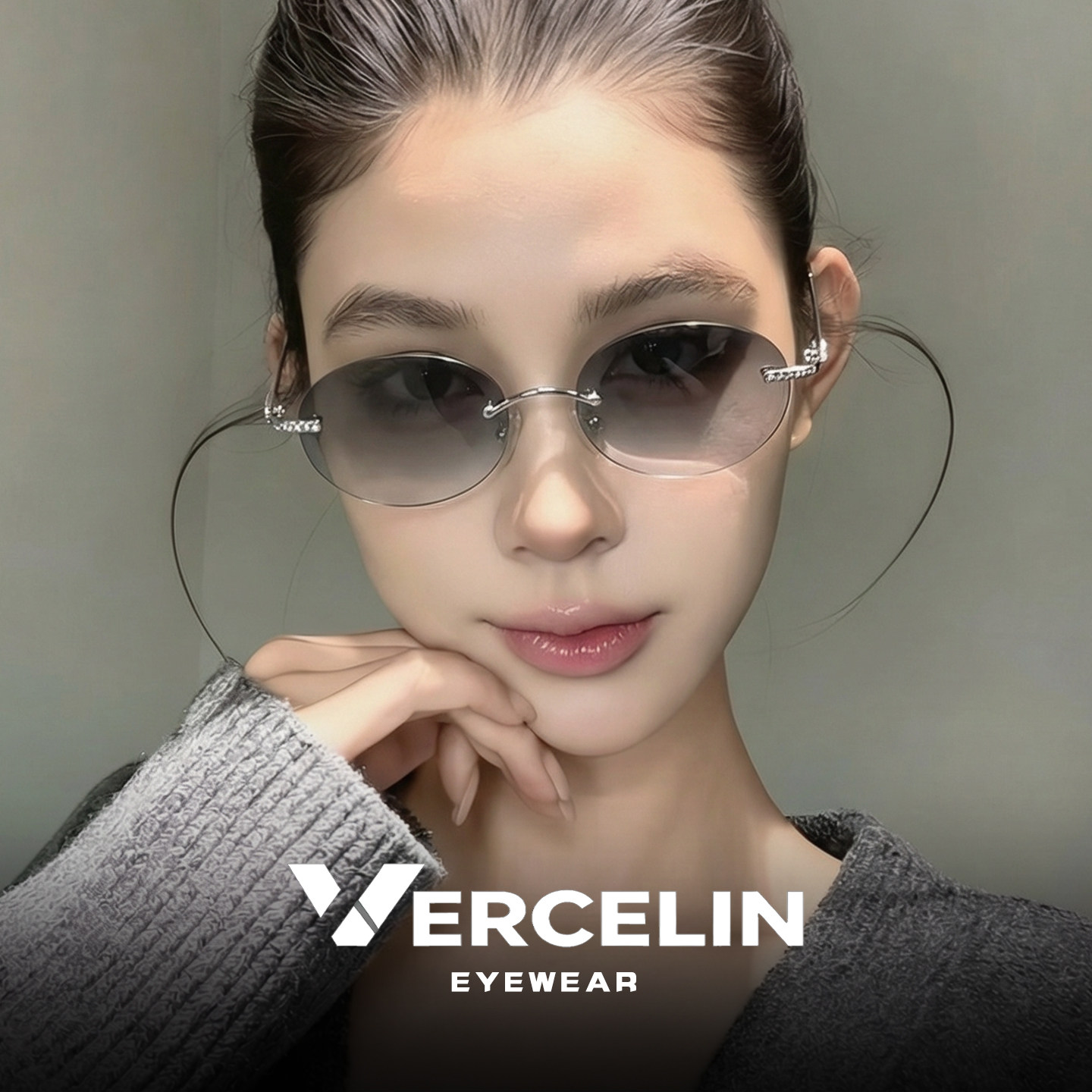 复古无边框椭圆渐变墨镜女款高级感小框太阳眼镜防紫外线超轻无框