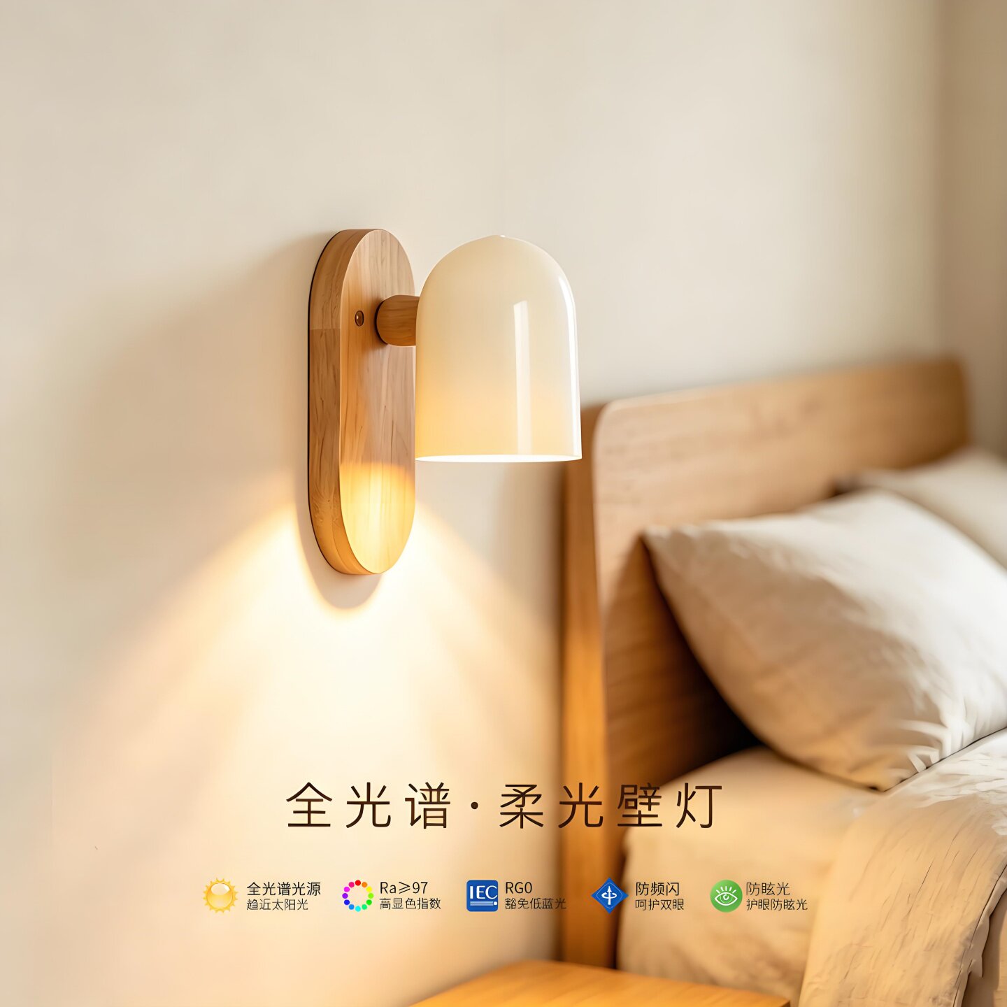 原木风卧室床头壁灯现代简约北欧奶油风走廊玄关过道客厅背景墙灯图片