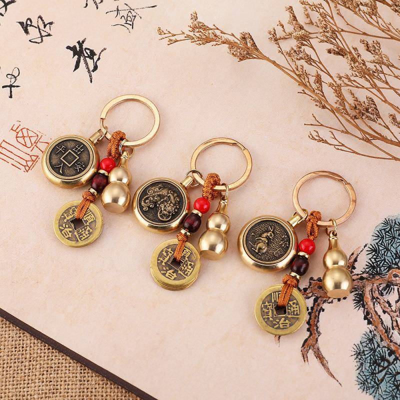 纯黄铜五帝钱葫芦朱砂貔貅吊坠12十二生肖转转钱车钥匙扣属相挂件