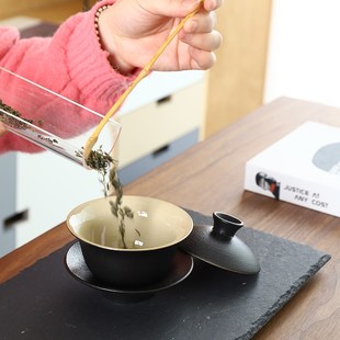 功夫茶具黑陶盖碗茶杯大号三才茶碗冲茶泡茶壶手抓壶酒店家用陶瓷