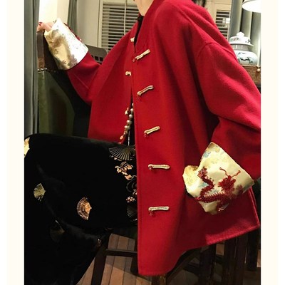 唐装女中国风女装新中式上盘扣衣新年战袍高级感冬天红色毛呢外套