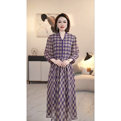 【深圳薇姐清仓】V 紫色千鸟格时尚收腰显瘦大码连衣裙 1011