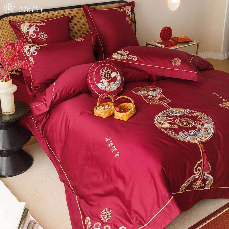 家纺中式婚庆四件套纯棉被套结婚红色床单100S长绒棉床品