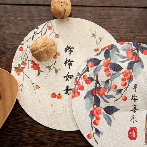 中式水墨风小圆皮革防水防油餐垫可定制一擦及净防烫餐桌杯垫桌垫