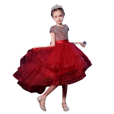 儿童晚礼服女童生日公主裙蓬蓬纱红色小主持人走秀女孩钢琴演出服