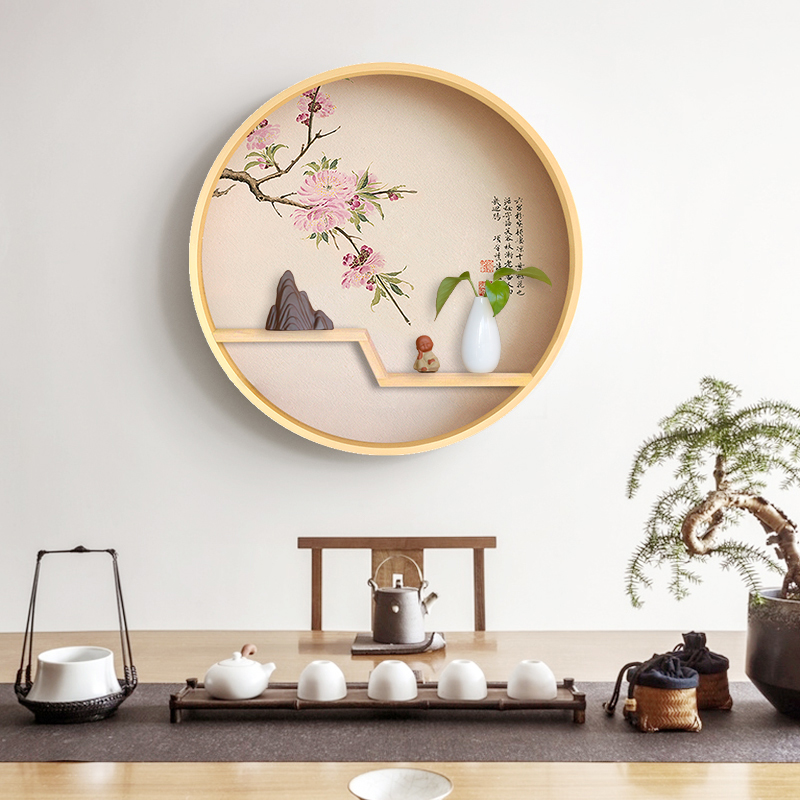 新中式圆形玄关装饰画过道创意禅意壁画餐厅茶室背景墙挂画置物架图片