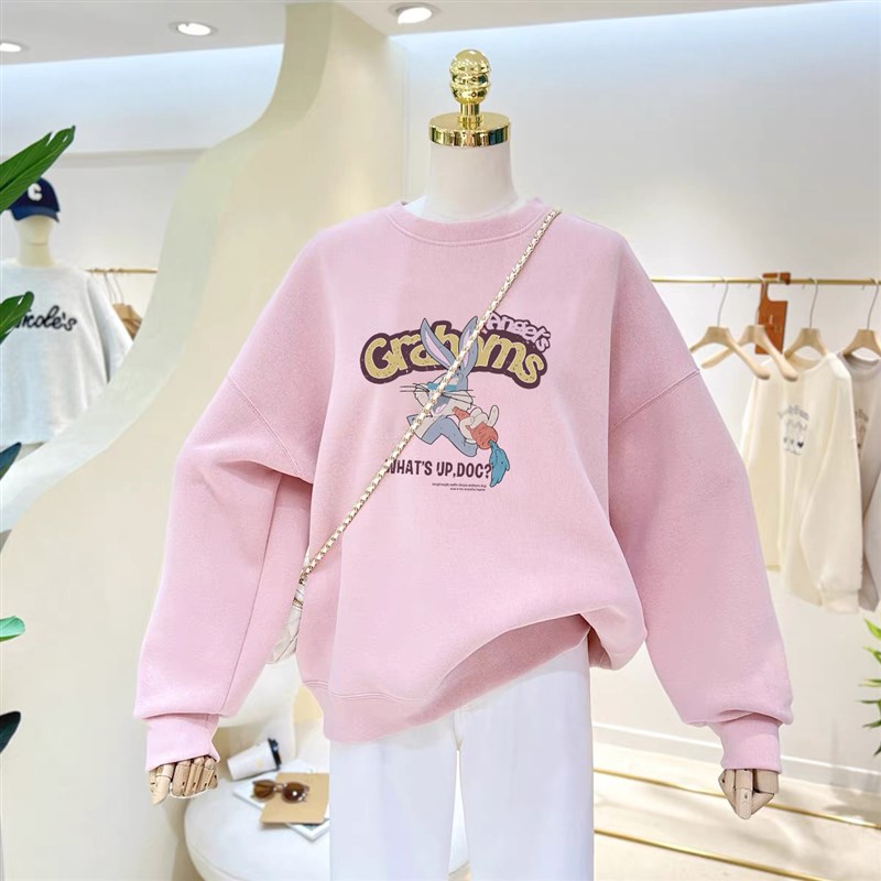 加绒加厚款秋冬2024新款圆领卫衣女长袖上衣休闲时尚无帽宽松外套