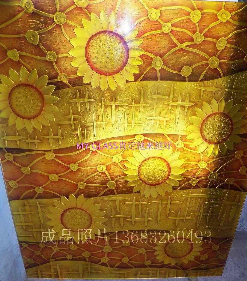 定制钢化透光双面门芯雕刻工艺术玻璃玄关隔断屏风画背景墙向日葵