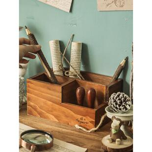 办公桌笔筒摆件学习用品收纳盒多功能学生书桌上覆古化妆刷桶笔罐