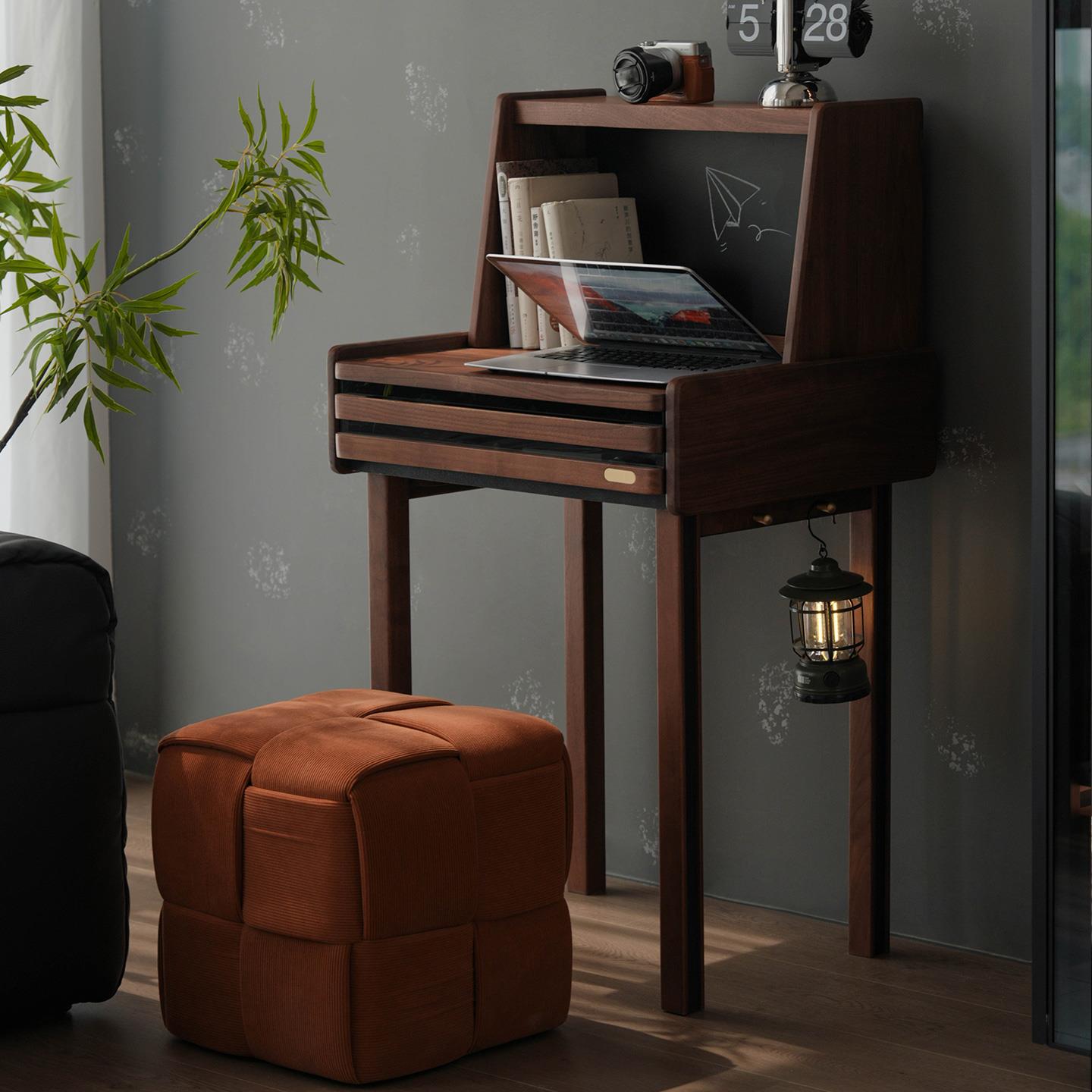 实木书桌北欧靠墙窄桌子带抽屉黑胡桃木卧室家用床尾桌书房写字桌