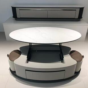 CJ330椭圆形升降茶几带两凳微晶石台面2米电视柜客厅地柜功能茶几