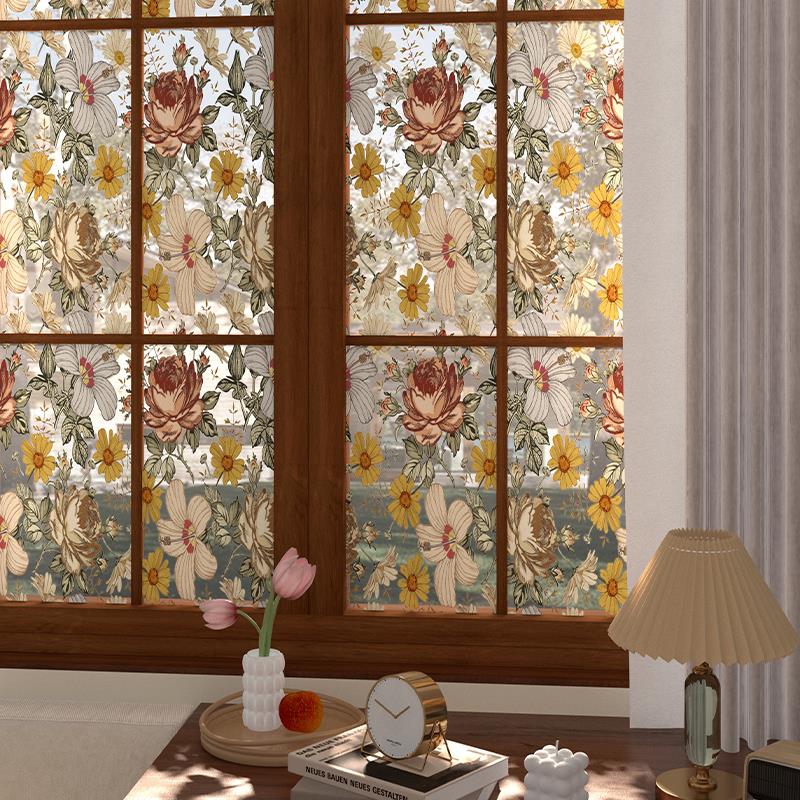 复古花卉厕所玻璃门改造浴室窗户贴膜租房磨砂贴膜防窥透光不透人