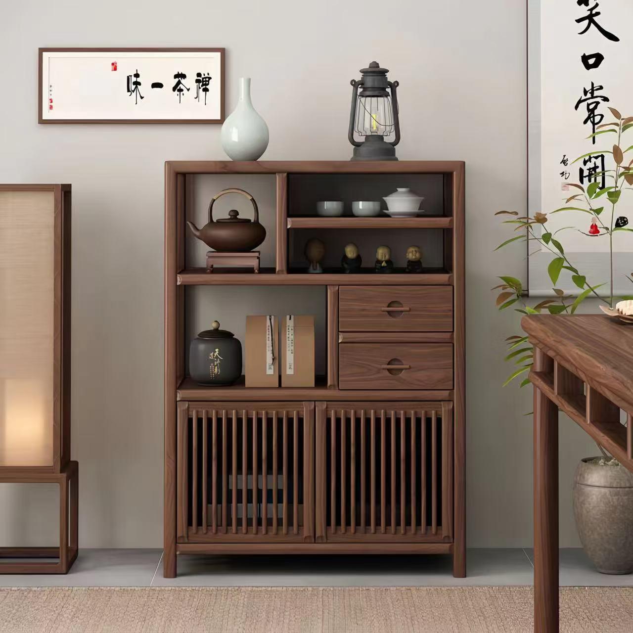 新中式博古架实木茶叶展示柜茶室茶柜现代简约多宝阁老榆木置物架