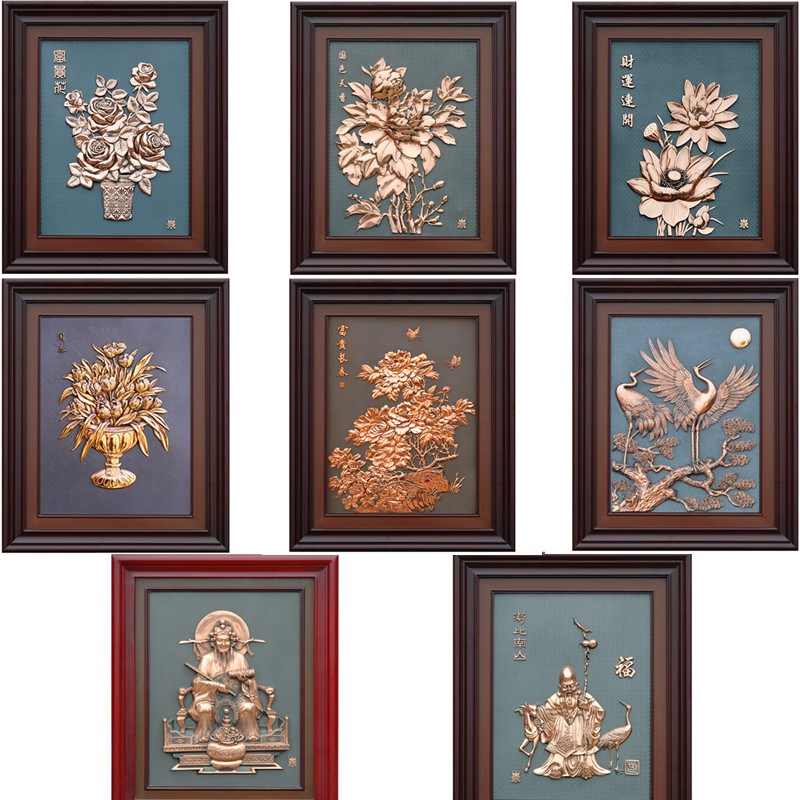 紫铜浮雕财运连开荷花现代立体装饰画中式客厅挂画玄关走廊壁画图片