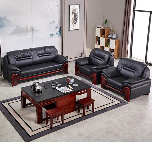 办公家具.现新中式黑西皮三人位沙办色公室客厅3+1组合沙单发
