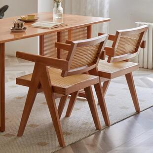 AL-74921实餐椅家用昌迪加椅中古木风扶手藤编闲椅子咖啡尔店简现