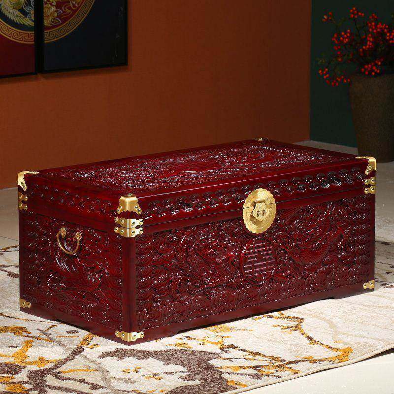龙凤AL825488婚嫁箱木香樟木箱长子方形带锁全樟木古红箱子红色结