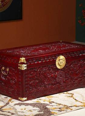 龙凤AL825488婚嫁箱木香樟木箱长子方形带锁全樟木古红箱子红色结