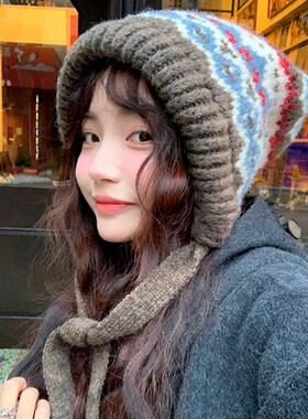韩版针织帽女冬季巴拉克拉法护耳帽子包包两用防寒保暖毛绒毛线帽