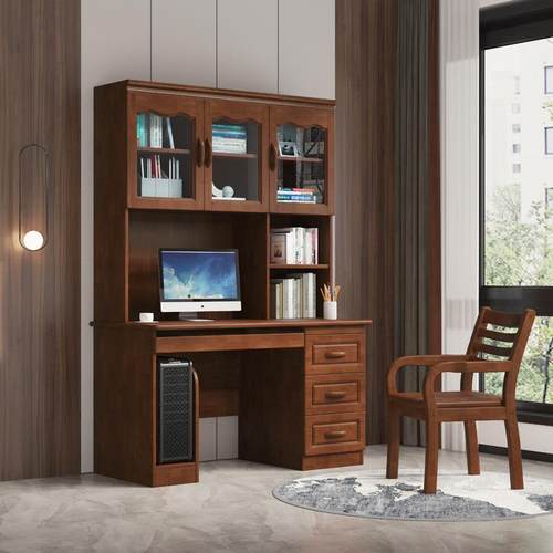 实木书桌小孩房电脑桌带书柜连体组合现代简约书架橡胶木直角书桌