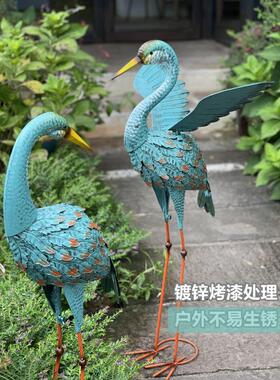 蓝色铁艺孔雀仙鹤园艺摆件庭院别墅花园杂货装饰阳台仿真动物造景