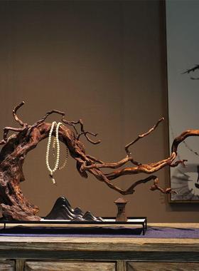 麓r新中式禅意枯木山水根雕造景摆件实木玄关电视柜酒店桌面家居