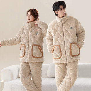 拉链情侣冬季睡衣男女同款法兰绒加厚保暖三层夹棉冬天家居服套装